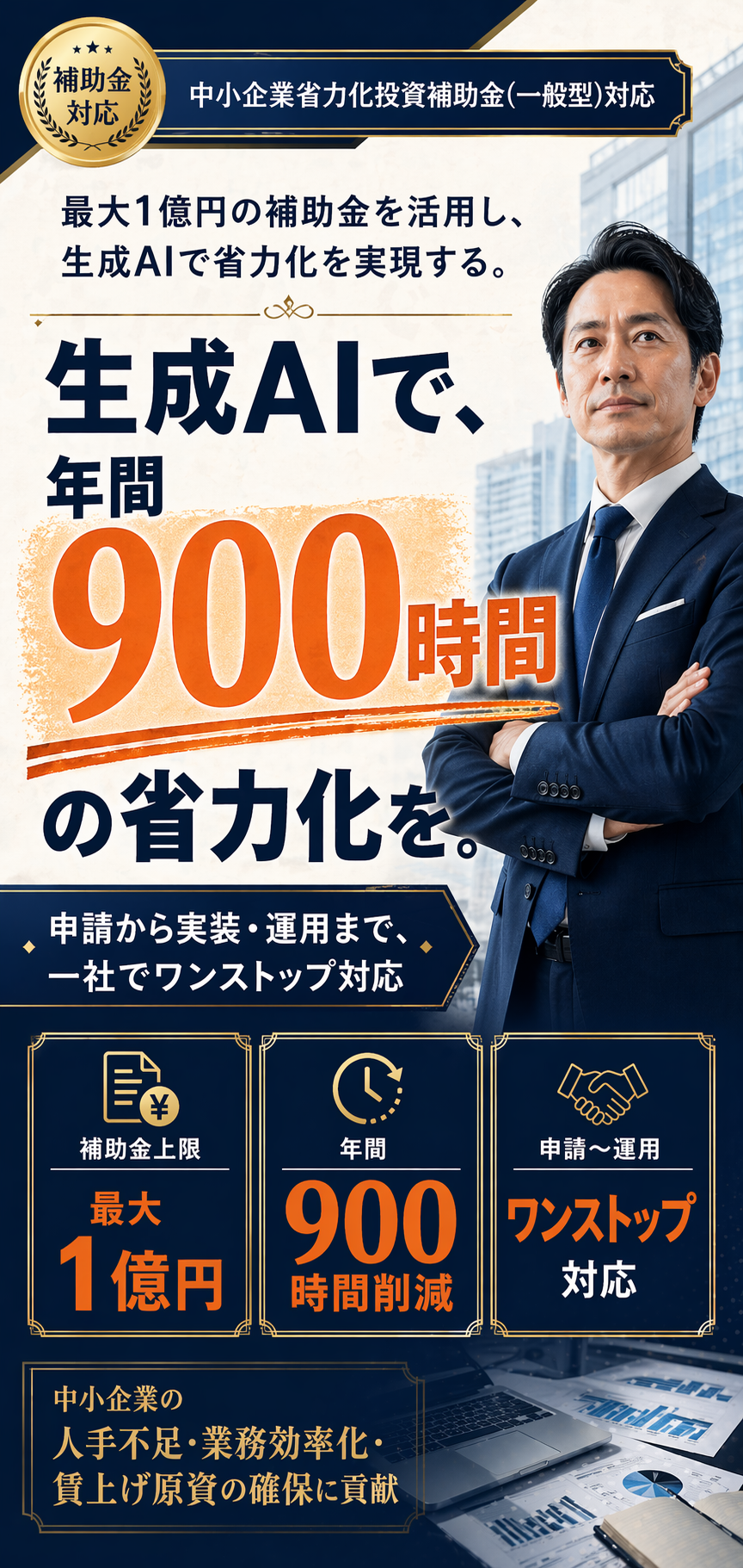 生成AIで、年間900時間の省力化を。最大1億円の補助金を活用し、申請から実装・運用まで一社でワンストップ対応します。